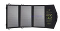 Black foldable solar panel charger with dual USB ports and backpack attachment loops