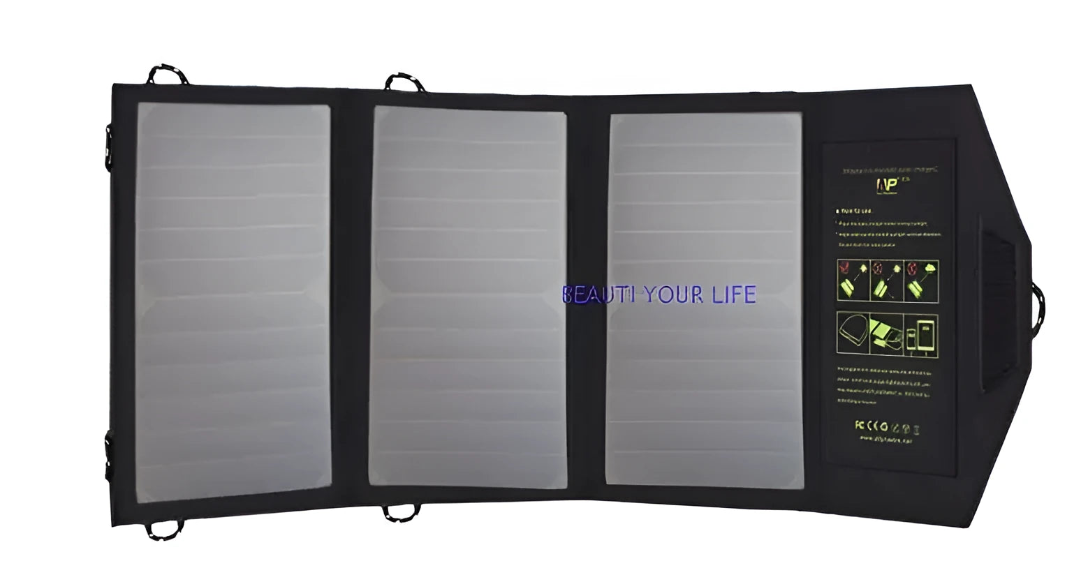 Black foldable solar panel charger with dual USB ports and backpack attachment loops