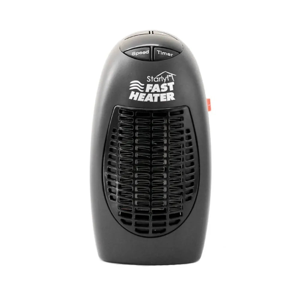 Black compact electric heater with digital display and rotating plug on a desk