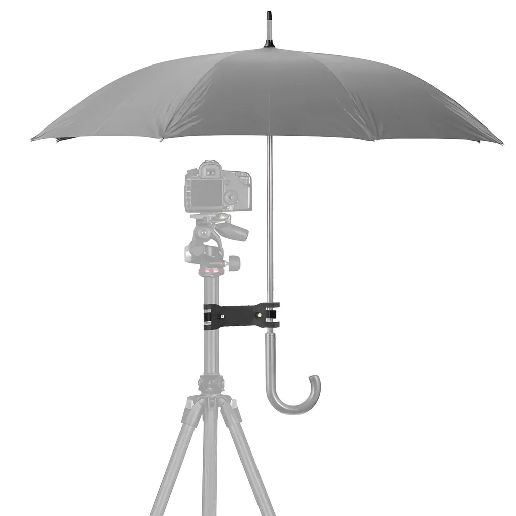 Black camera umbrella clip attached to tripod with umbrella for filming protection