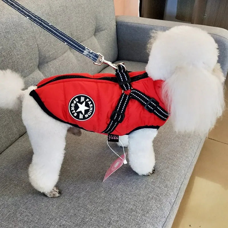 Waterproof dog coat with harness hole in rain silk fabric, available in multiple sizes and colours