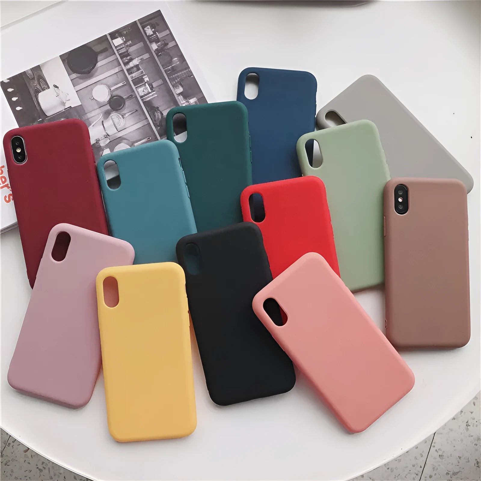 Slim silicone protective case for Apple iPhone in a choice of eight colours including rose gold and dark green.