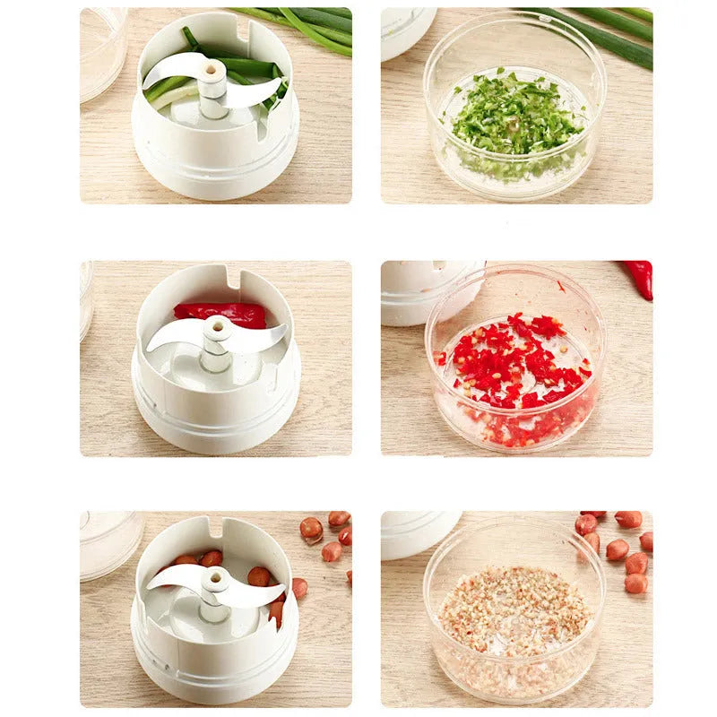 White manual food chopper with stainless steel blades on a magnetic holder, shown with chopped vegetables.