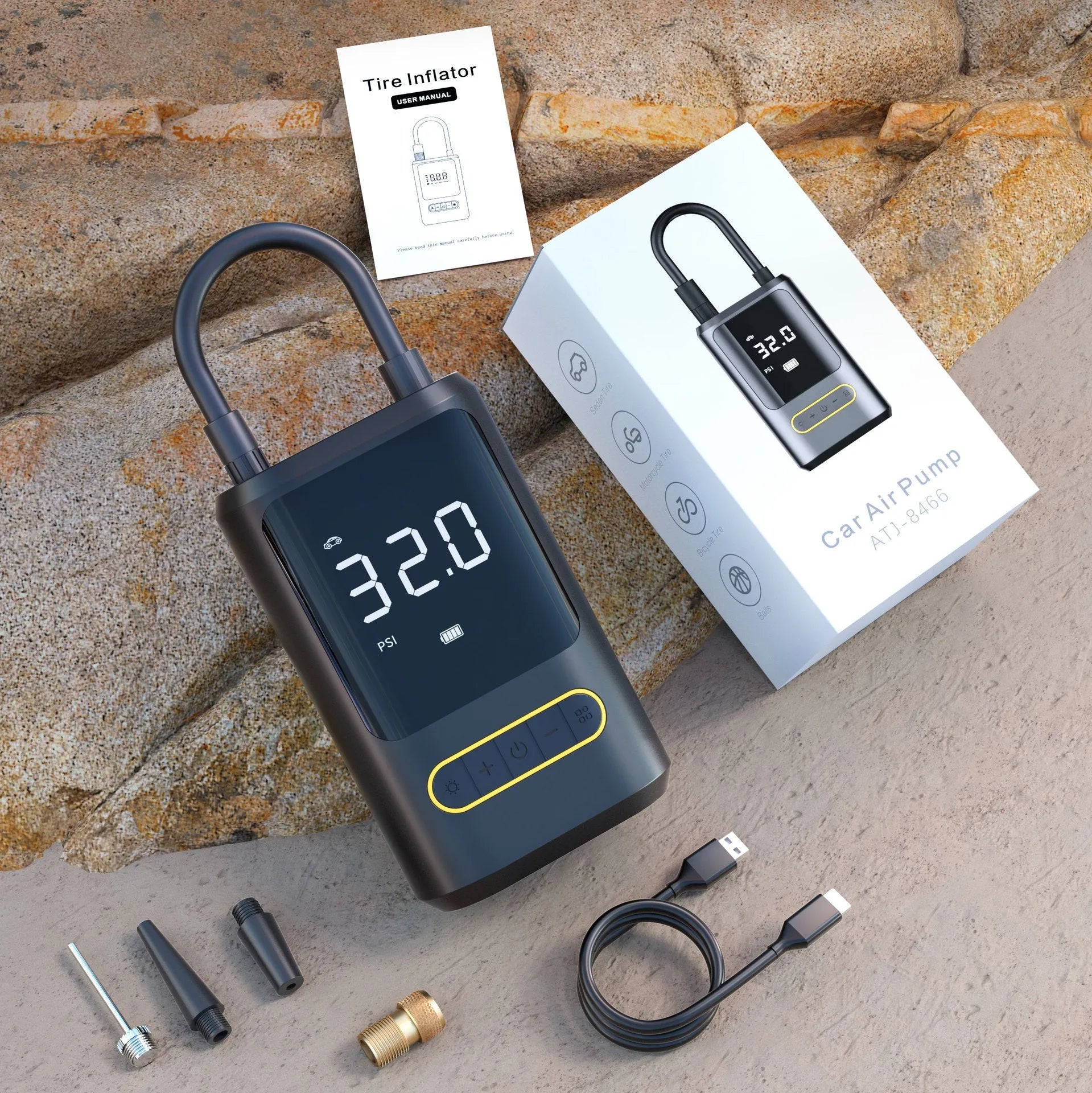 Handheld wireless air pump with digital display showing pressure reading, measuring 49x87x137mm with LED light illuminated