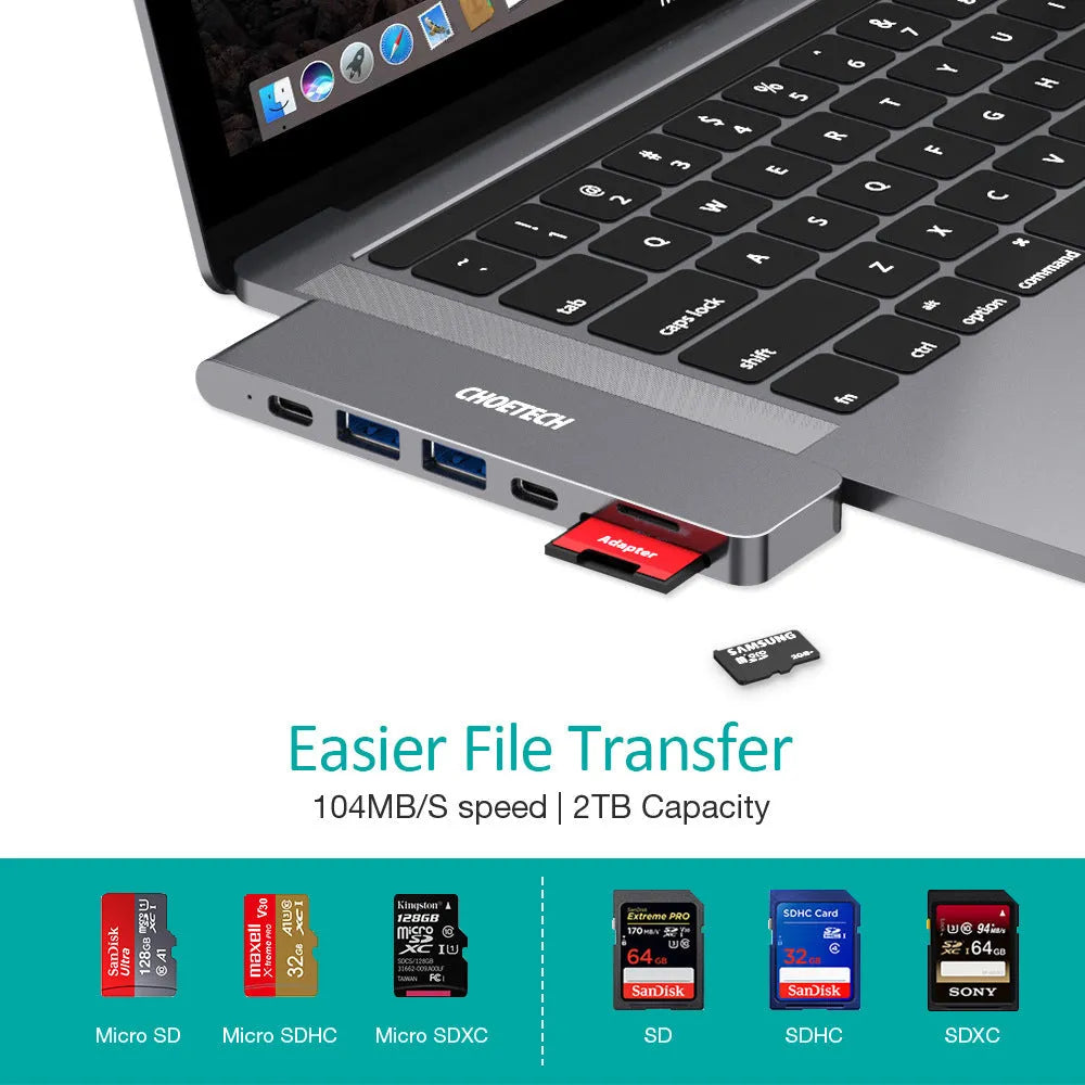 Aluminium Type C adapter with SD and Micro SD card slots, HDMI, USB ports measuring 115mm