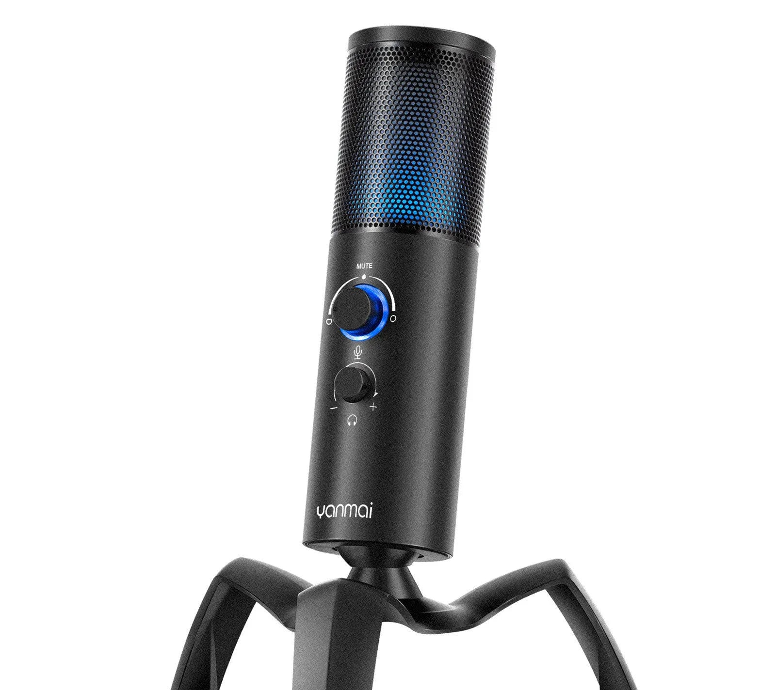 Q18 black condenser microphone with RGB lighting on adjustable metal tripod for recording and streaming