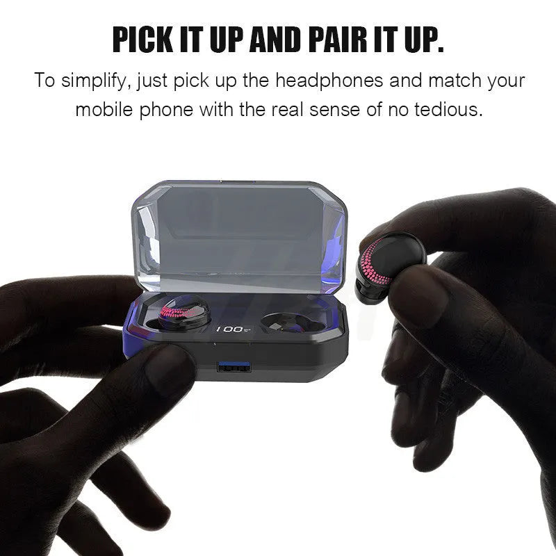 Black X10 Bluetooth Headset with charging case showing 150x100x40mm dimensions and earpieces