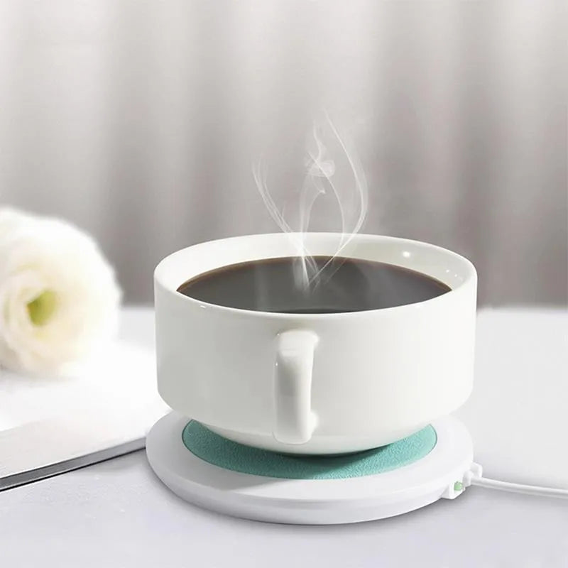 USB-powered insulated heating coaster in PU artificial leather showing black, blue, and orange colour options