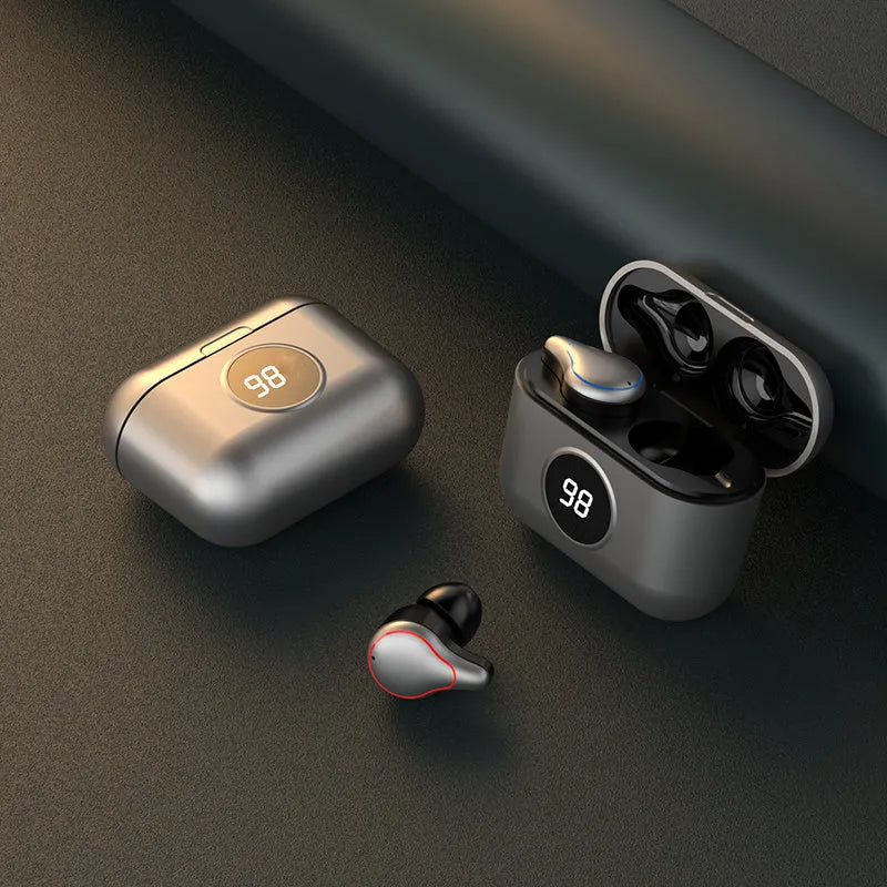In-ear Bluetooth headset in black or blue with earplug design and bilateral stereo sound