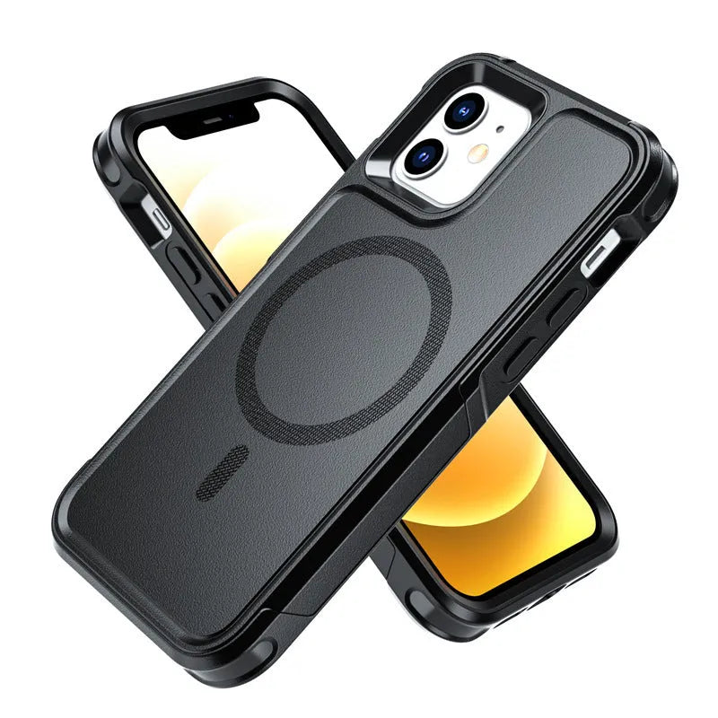 Black magnetic shatterproof back cover case for iPhone 12 and iPhone 13 series phones.