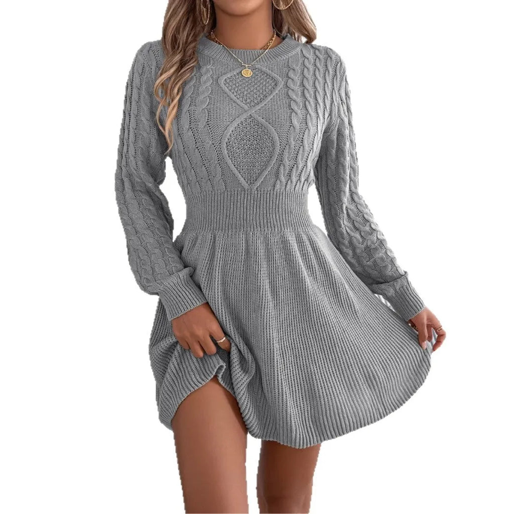 Solid colour lantern sleeve sweater dress with elastic waist in black, grey, or wine red, showing mid-length street fashion style