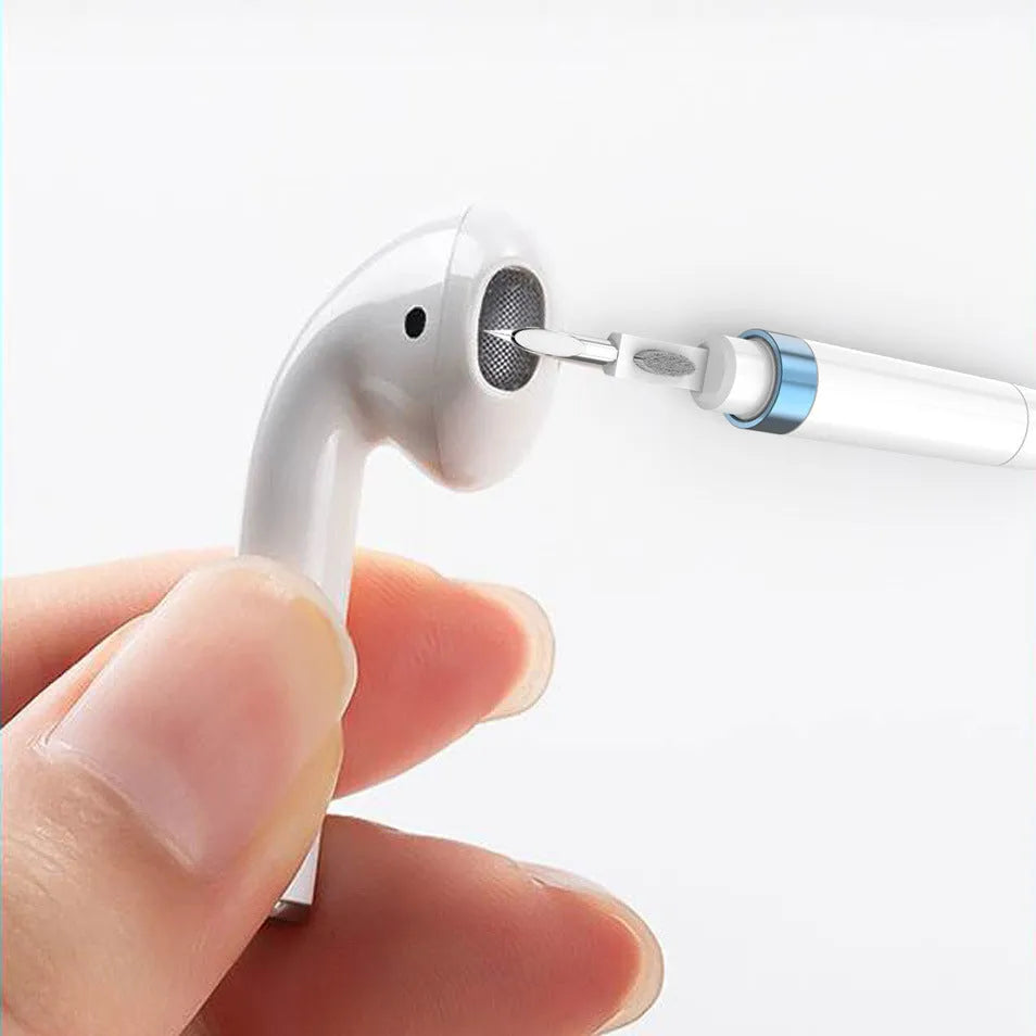 A blue headphone cleaning pen with a metal nib, brush, and sponge for cleaning electronics.