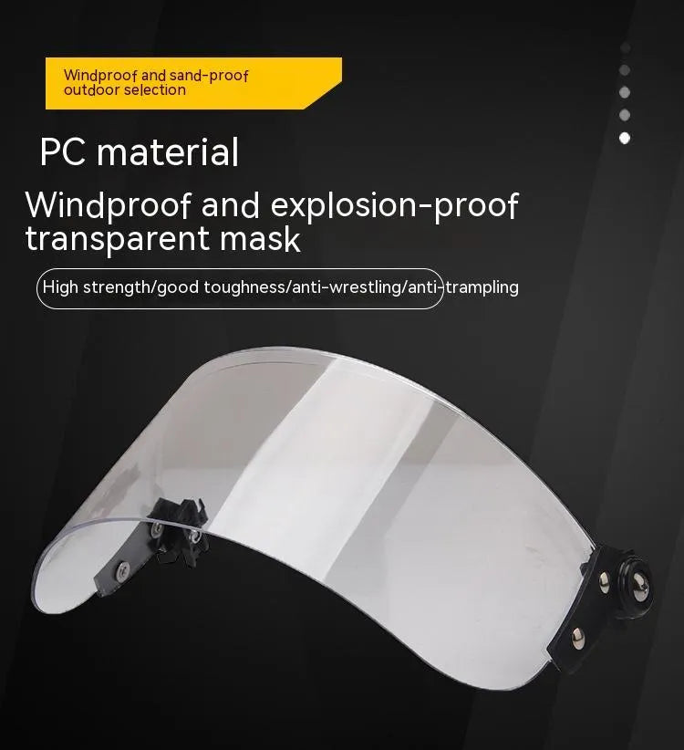Transparent polycarbonate safety helmet visor with guide rail mounting, 30cm by 15cm