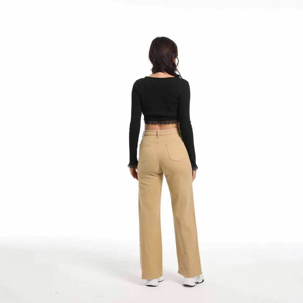 Women's high-waist straight jeans with wide leg design in apricot colour, showing 100% cotton fabric with high elasticity