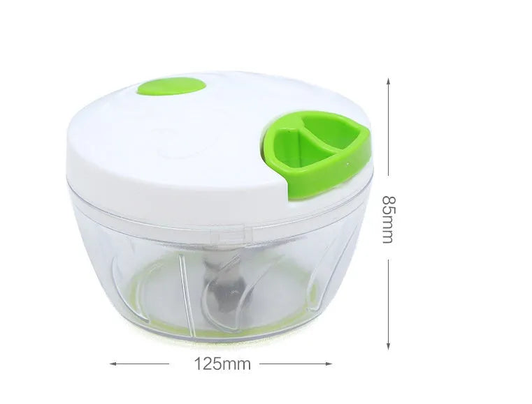 Green manual kitchen chopper with three stainless steel blades and a 500ml transparent container.