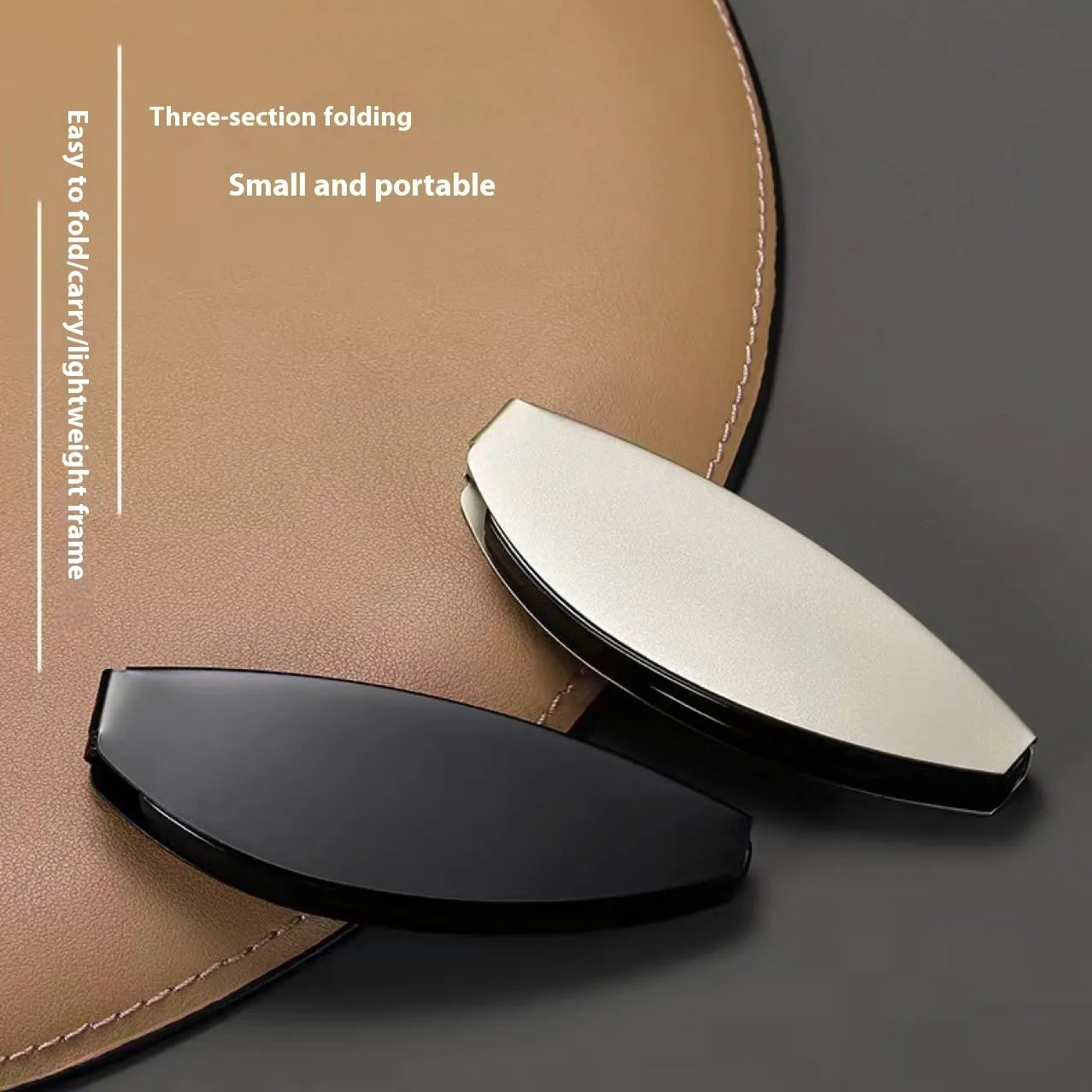 Folding pocket presbyopic glasses in retro style with ring elements, shown both open and folded to 12cm length