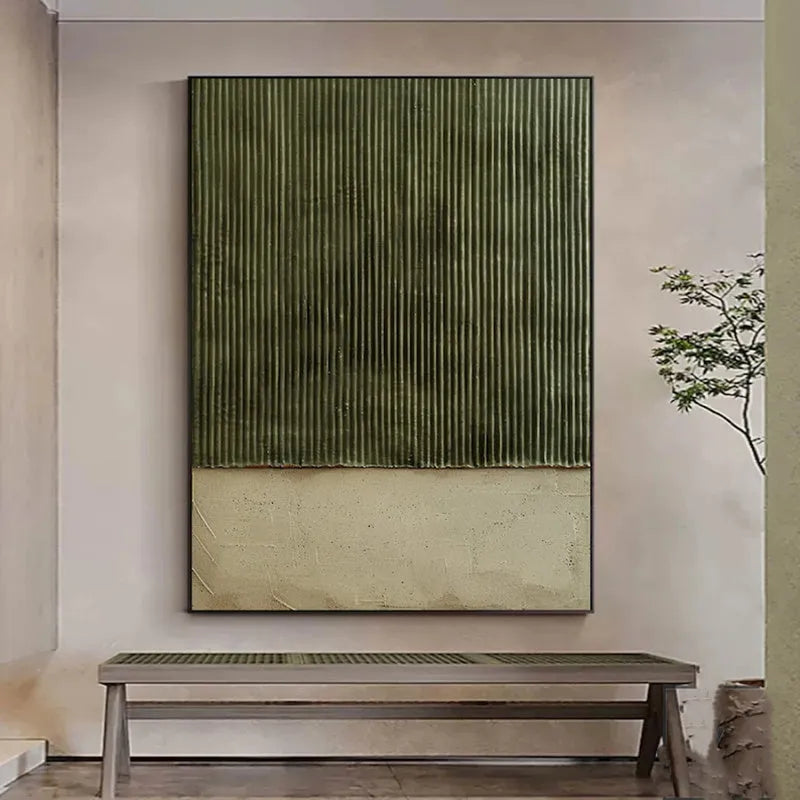 Large hand-painted green textured abstract oil painting on canvas, vertical one-panel wall art for living room and bedroom, no frame