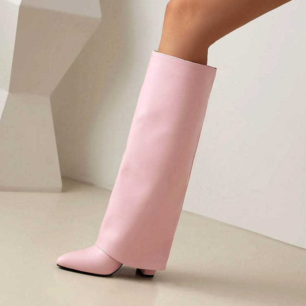 Women's plus size high heel boots with 5cm heel in black, pink, and white colours showing high cylinder design and sewing line detailing