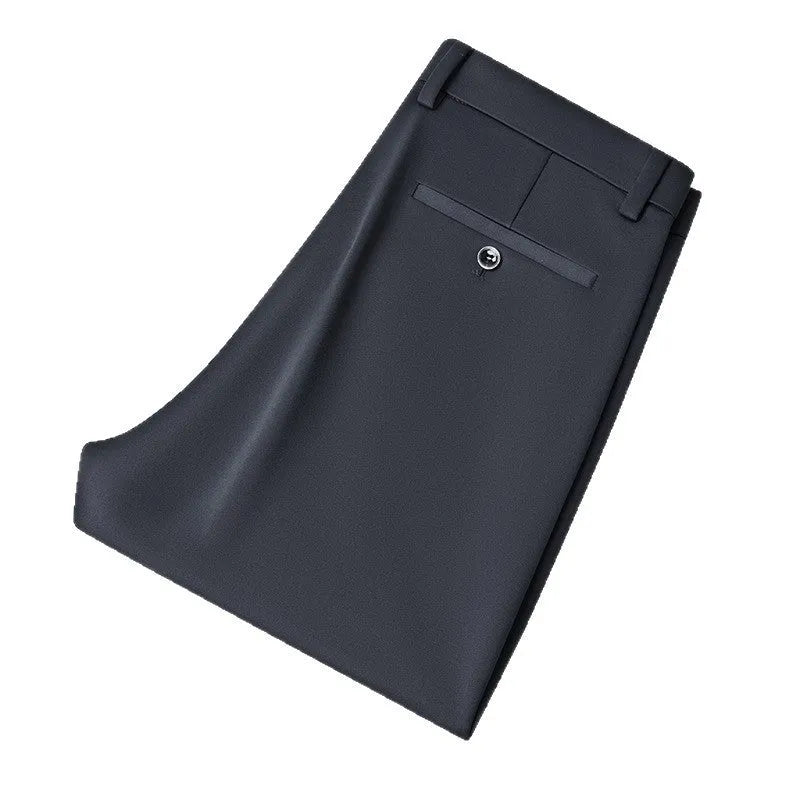 Men's straight-leg suit pants in dark blue with an elastic waistband, shown in a plus-size fit.