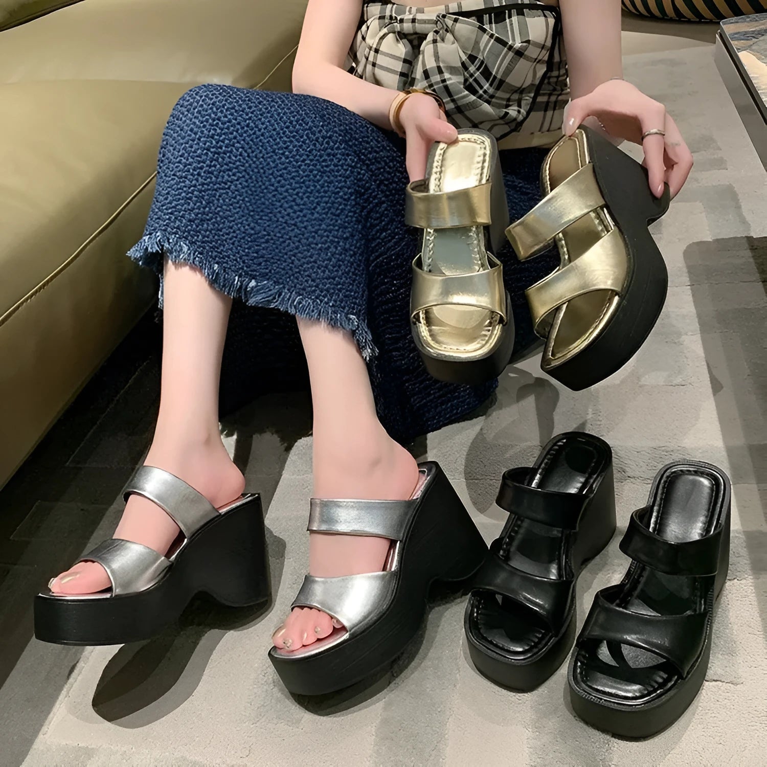 Women's wedge platform slippers in black with square toe and PU upper