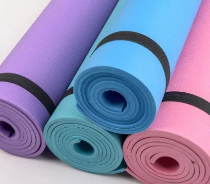 EVA yoga mat in blue with anti-skid surface, showing 173 cm length and 61 cm width dimensions