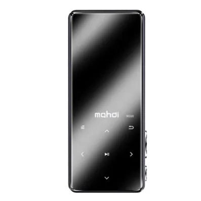 Black portable MP3 player with 2.4-inch touch screen showing music playlist, placed on a desk