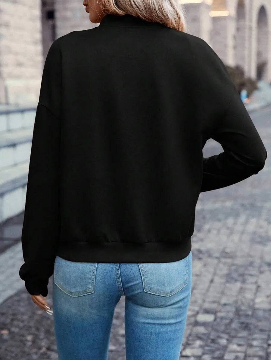 Black polyester zip jacket with long sleeves and faux pockets for women, sized S to XXL.