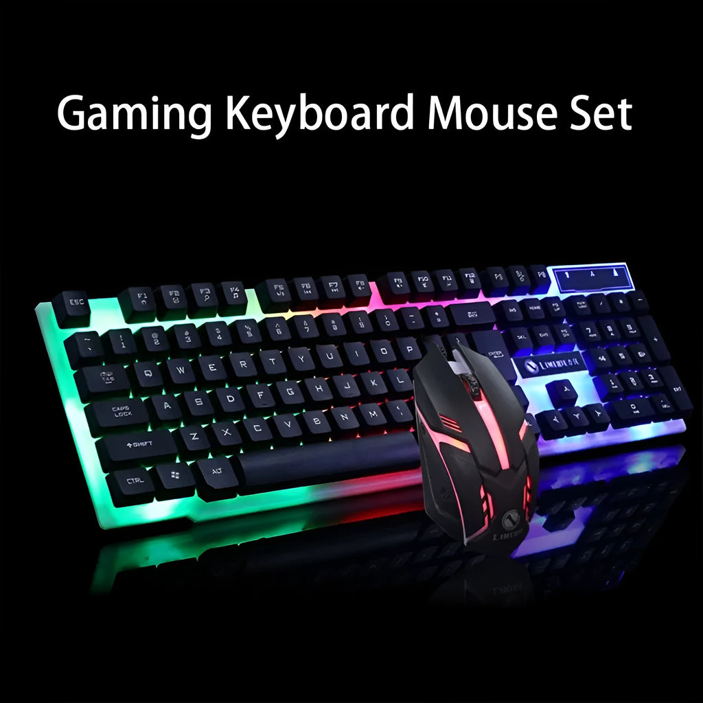 GTX300 black and white wired gaming keyboard and mouse set with backlit keys on a desk.