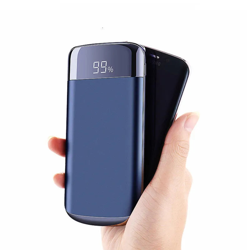 Square power bank with digital display screen showing battery percentage and multiple USB output ports