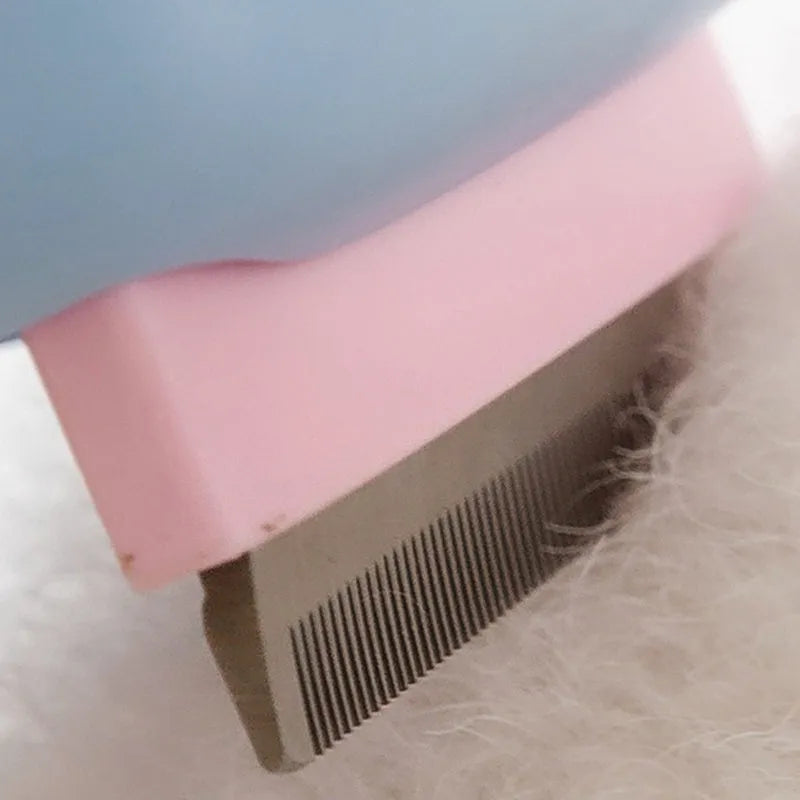 Blue pet grooming brush with double-sided de-shedding rake and de-matting comb, measuring 195mm long