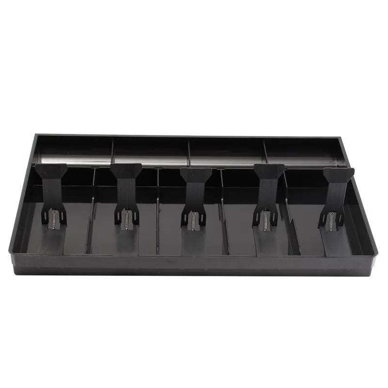 Black ABS plastic five drawer cash register cash box with compartments for notes and coins