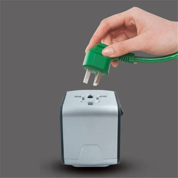 Universal travel adapter with 4 socket holes, 66 x 53 x 52mm, 1500W, PC shell, black blue or green