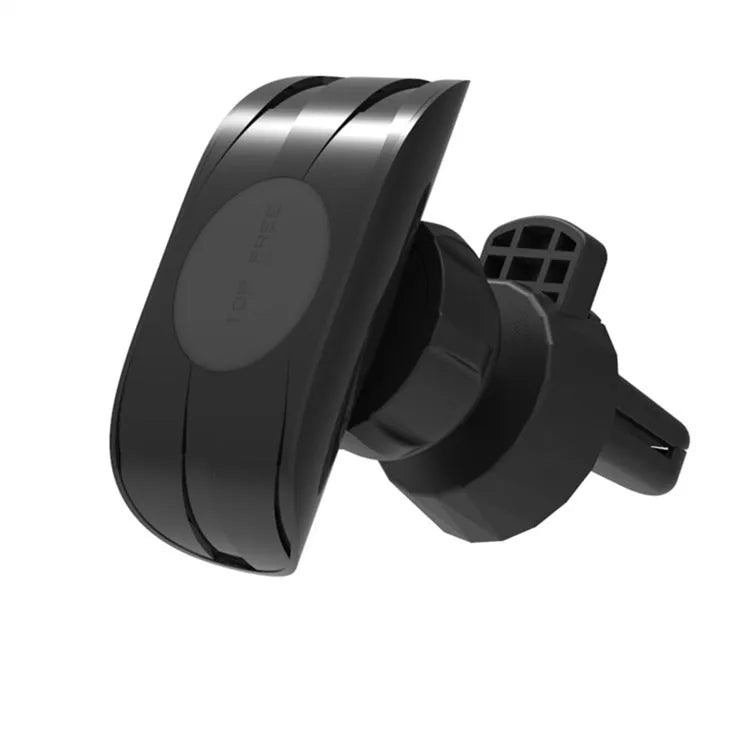 Black car phone holder attached to vehicle air vent with smartphone securely mounted