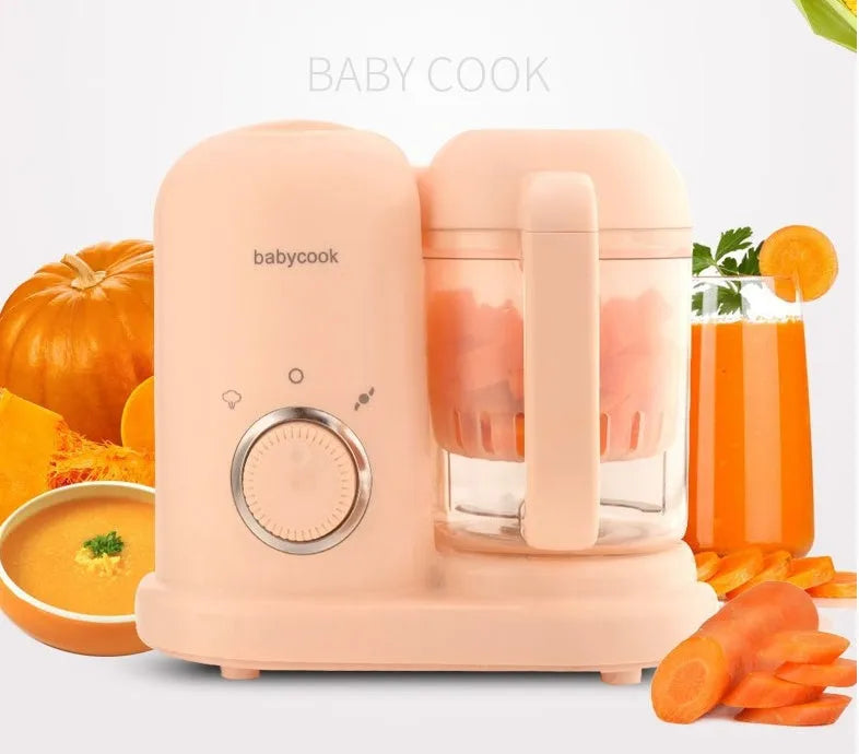 Baby food processor with steamer and blender functions in green or pink, showing 10-litre capacity and double mixing blades