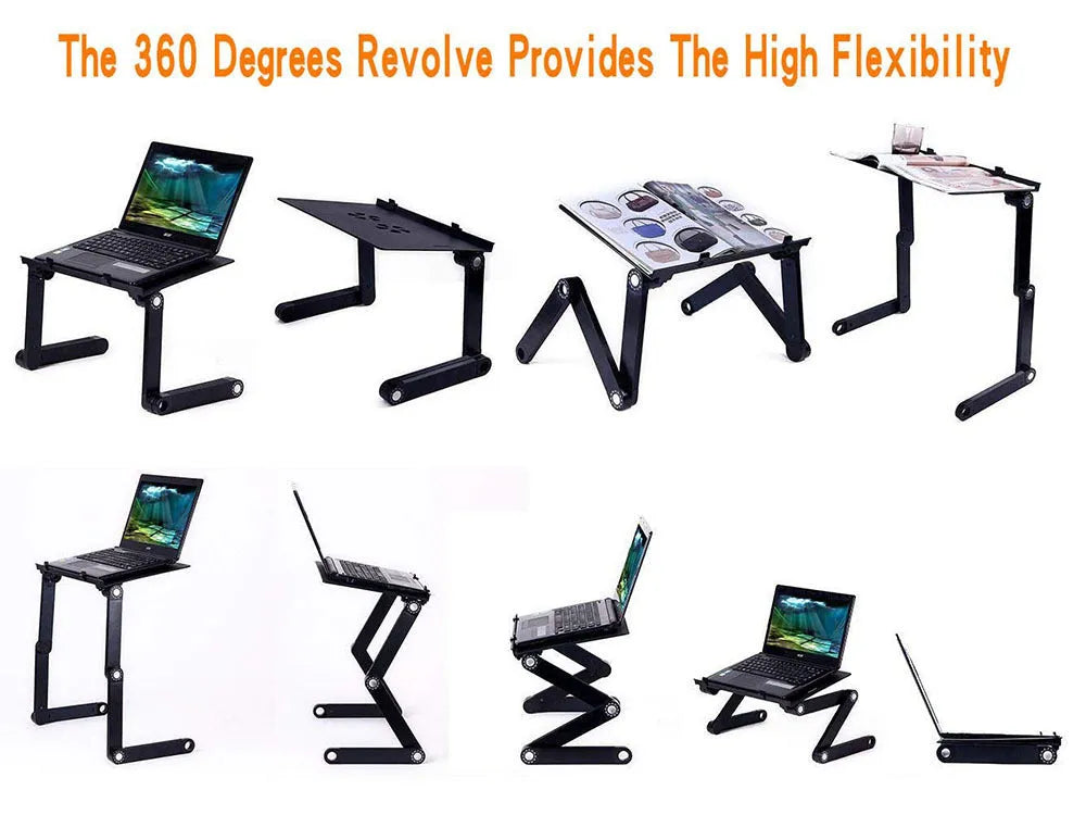 Adjustable folding laptop table stand in black with mouse panel, 42 x 26 cm surface, and built-in USB fan