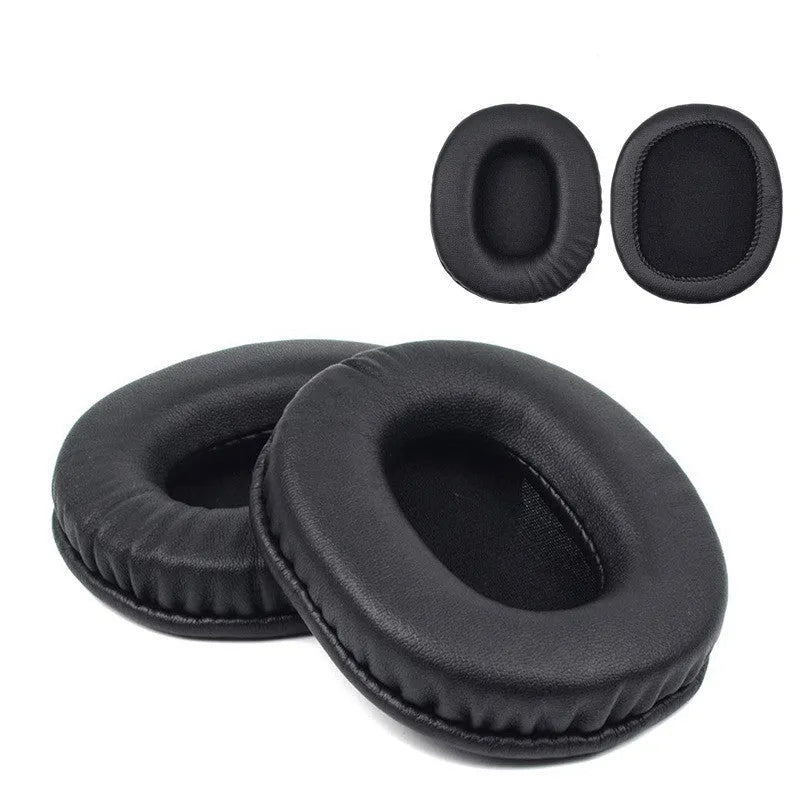 Black soft PU leather headphone covers for Sony 1R, shown on headphones in a home setting.