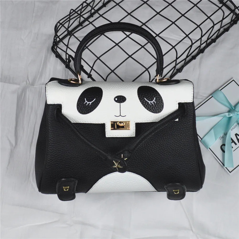 Panda handbag in first-layer cowhide with animal print, showing horizontal square shape and two size options