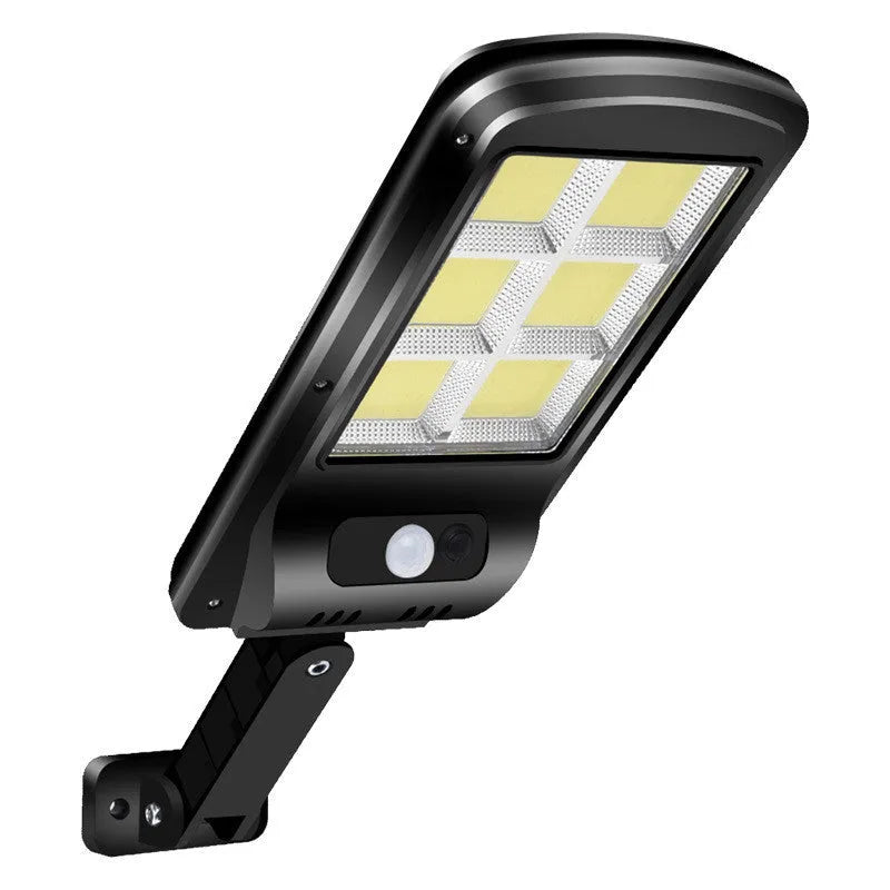 Black solar street light with motion sensor for outdoor gardens, showing PIR detection and solar panel