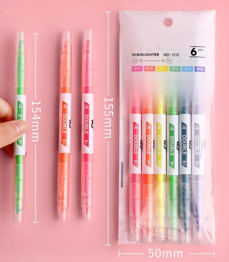 Set of 6 double-headed marker pens showing round and oblique tips in orange, purple, yellow, green, blue, and pink colours
