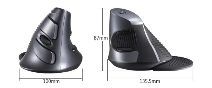 M 618 wireless vertical mouse in black showing 57-degree angle design with three buttons and scroll wheel