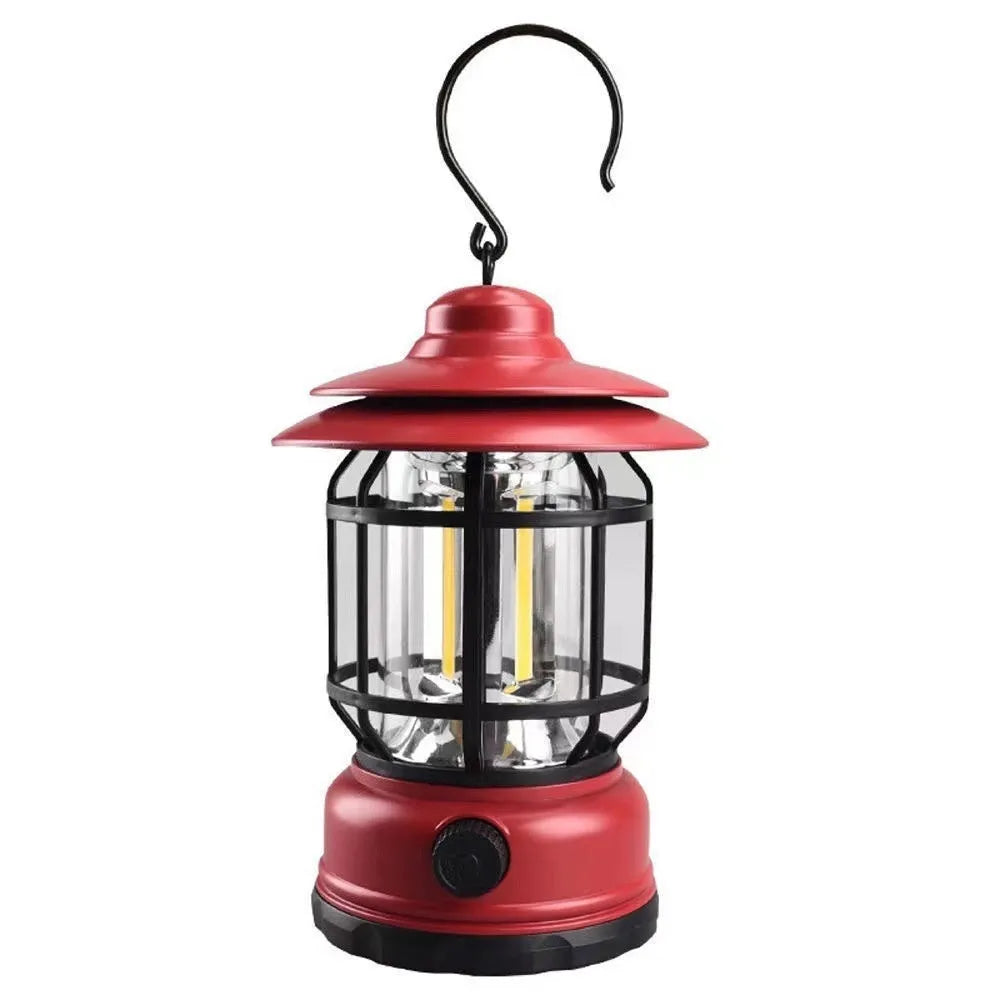 Portable camping lantern measuring 16.6 cm height in dark green, black, and red colours with multiple power options