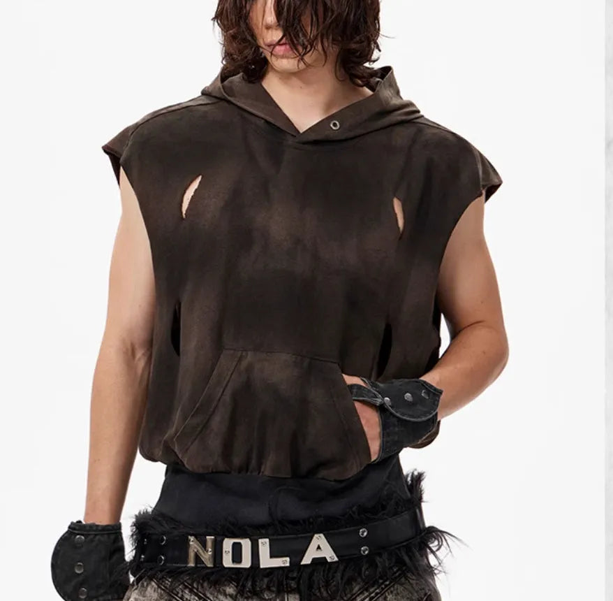 Khaki coloured cotton short sleeve hood vest on a hanger.