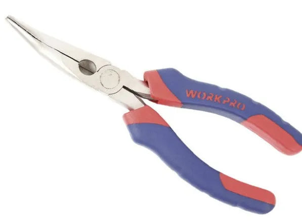 Blue handled curved nose pliers with angled tips for electronics and jewellery work