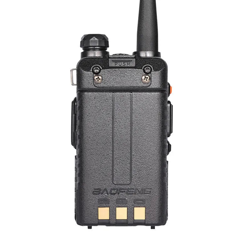 Dual-band VHF UHF walkie talkie with 5-10 km range, 128 channels, and compact 110x58x32 mm size