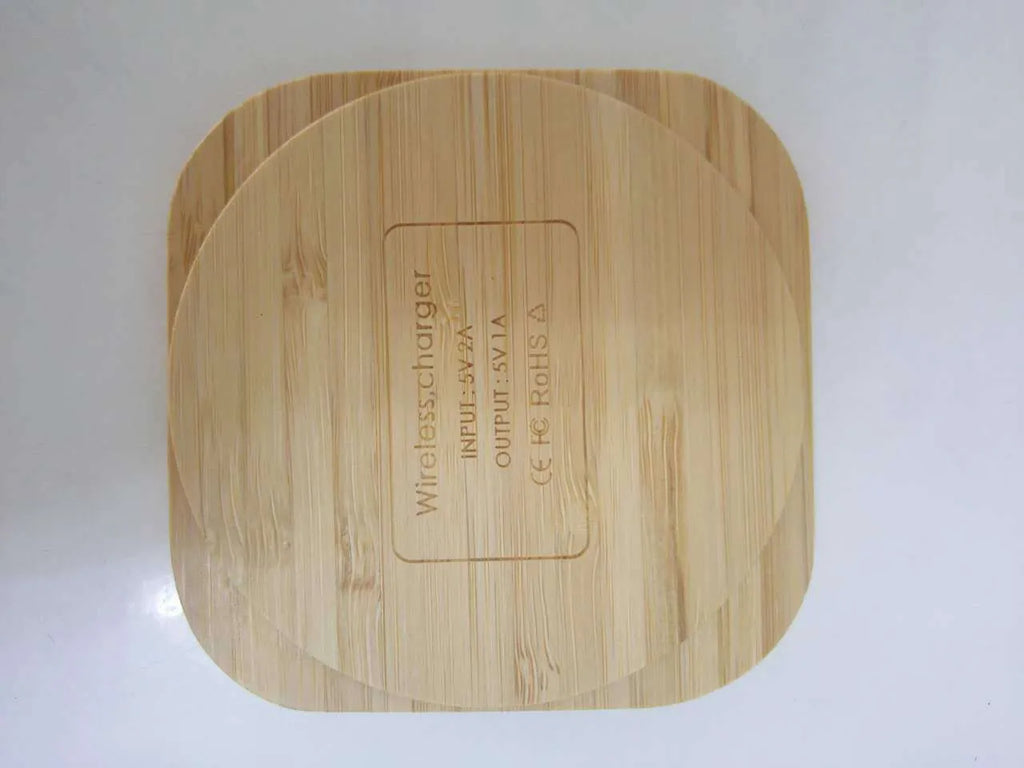 Square wooden bamboo wireless charger measuring 92mm by 92mm by 8mm with Qi certification
