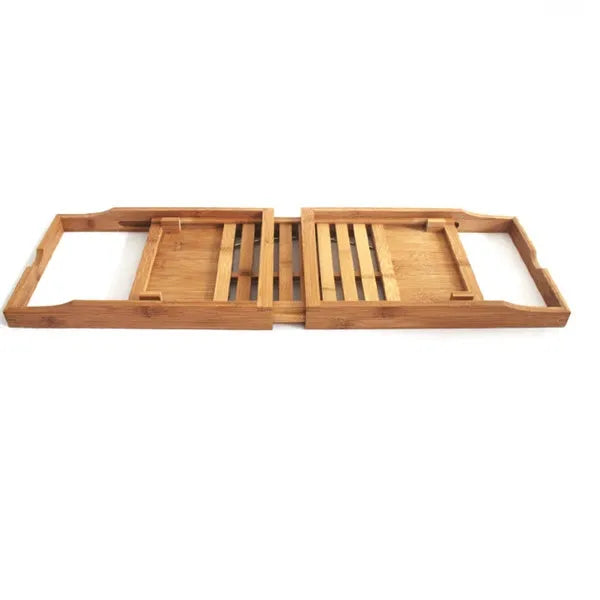 Bamboo bathtub frame on bathroom counter for toiletry storage
