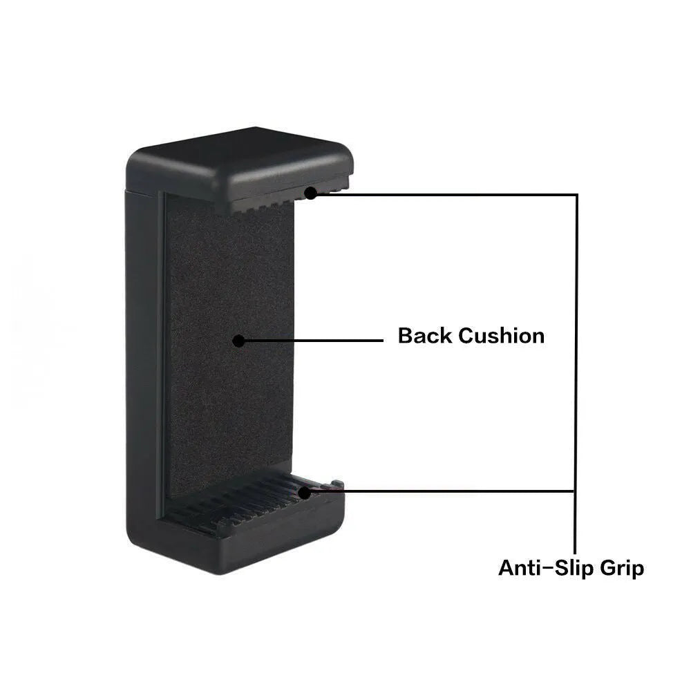 Black plastic phone holder with rotating clamp measuring 10mm by 4mm by 3.5mm