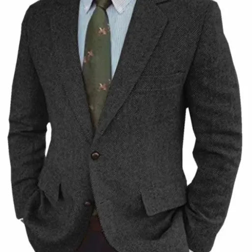 Men's brown herringbone retro suit jacket with long sleeves on a hanger.
