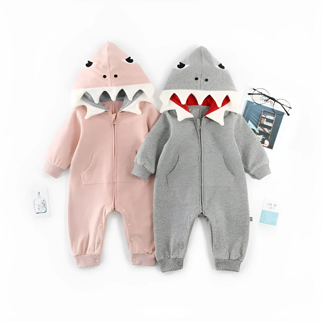 Cartoon shark hooded children's robe with long sleeves, full-length zipper, and 90% cotton fabric in gray or pink