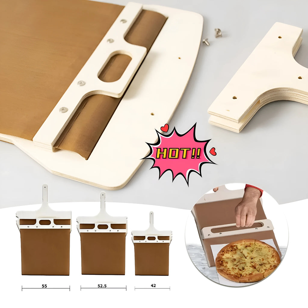Wooden pizza peel board in natural log colour with hanging hole, shown in three size options